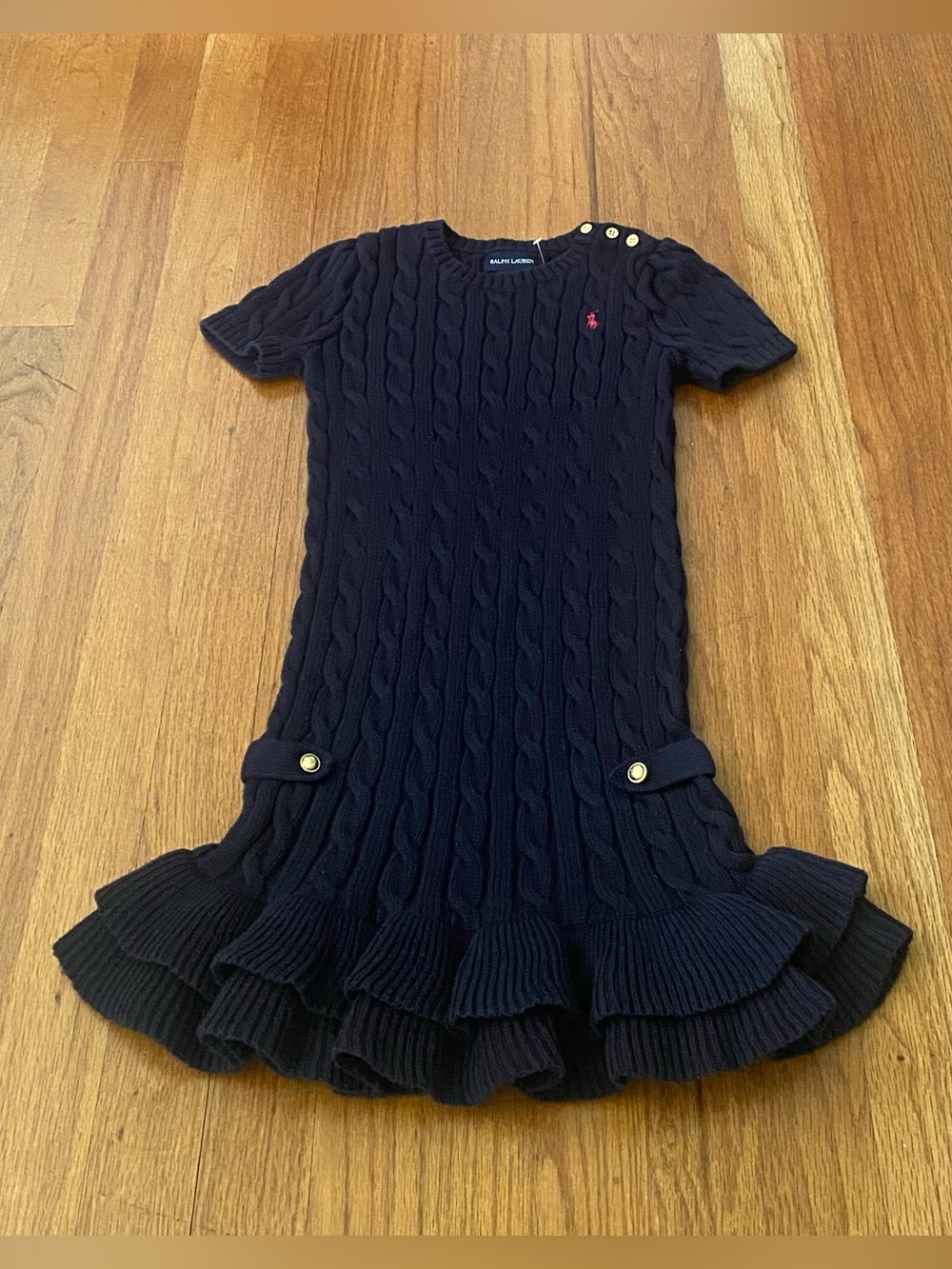 Ralph Lauren Navy Cable-Knit Ruffle-Hem Girls Dress